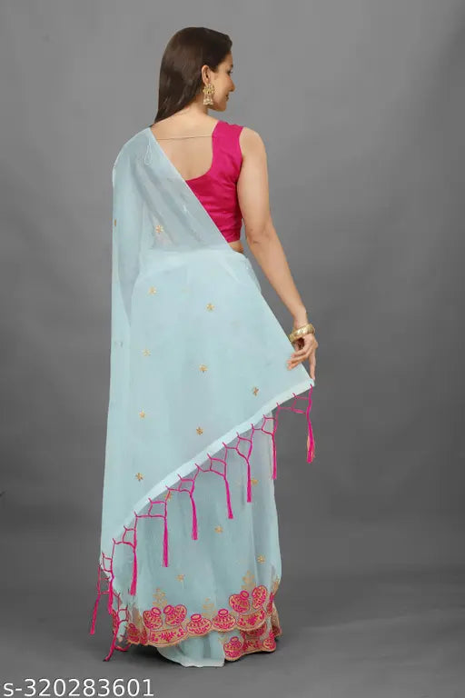 Super net fabric embroidery work Matka saree with dupion silk blouse, off-white and mustard yellow Indian traditional attire