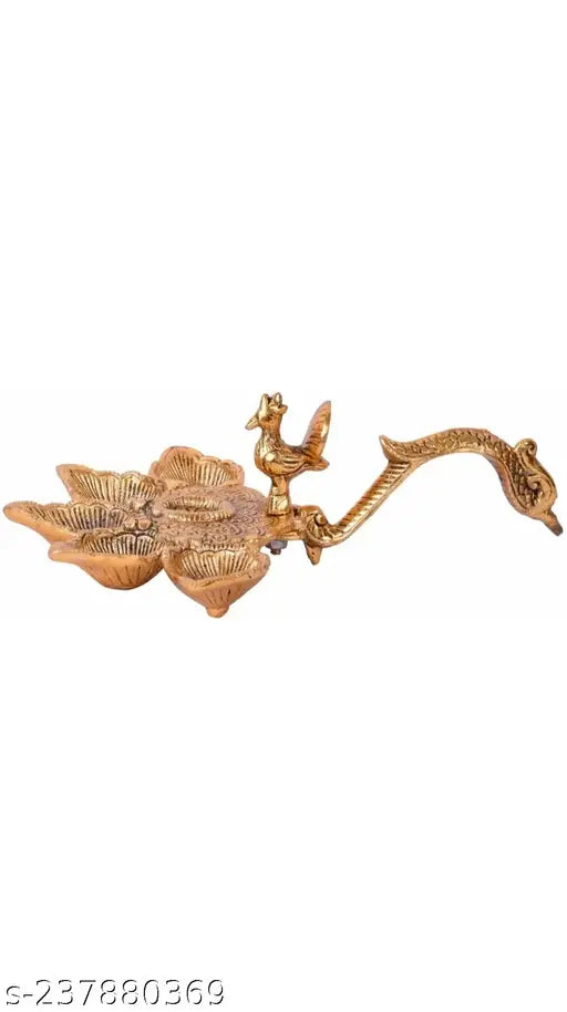 Panchmukhi aluminum Aarti diya for pooja table, 19cm x 23cm x 7.5cm, handcrafted in India