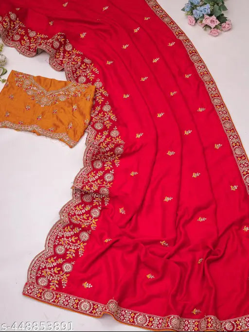 Vichitra Silk Sequinned Embroidered Sari with Blouse, ideal for weddings or parties, free size