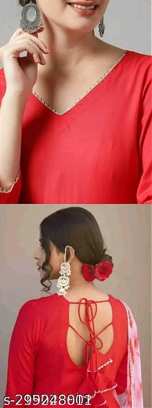 Red chiffon gown, solid pattern, three-quarter sleeves, women's fashion wear, India origin