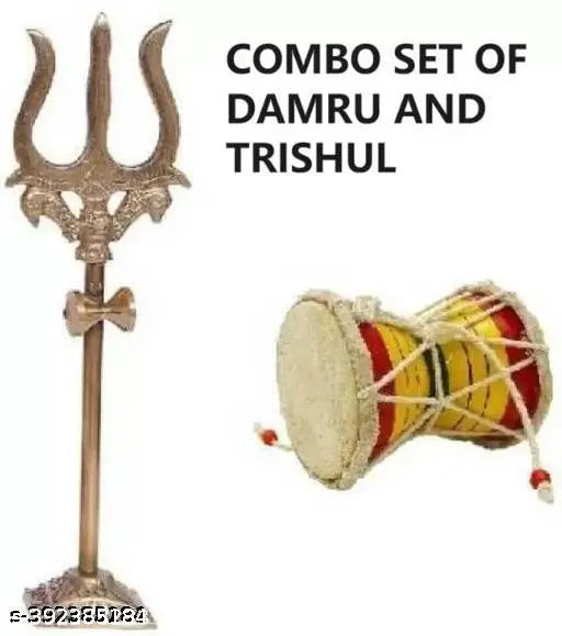 Multi-colour wooden & brass Lord Shiva Damru and Trishul, symbolizing expanding universe (10cm L x 8cm H x 8cm B)