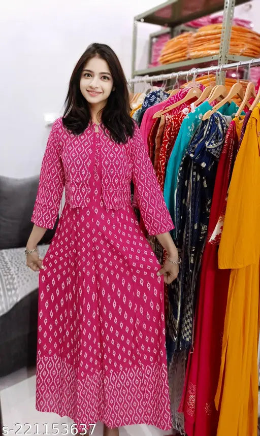 Large size printed anarkali kurta with jacket in cotton, ideal for daily wear or events