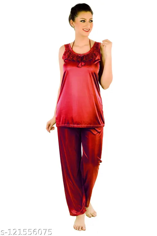 Purple/Maroon women's satin sleepwear set (pack of 2) - dreamy, comfortable, and stylish Indian-made nightwear