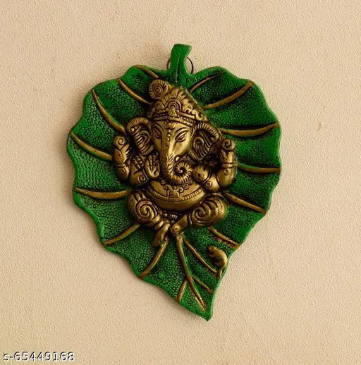 Brass Ganesh Idol, 7.5 inch Green Paan Leaf Wall Hanging - Indian Religious Art for Home & Office Decor