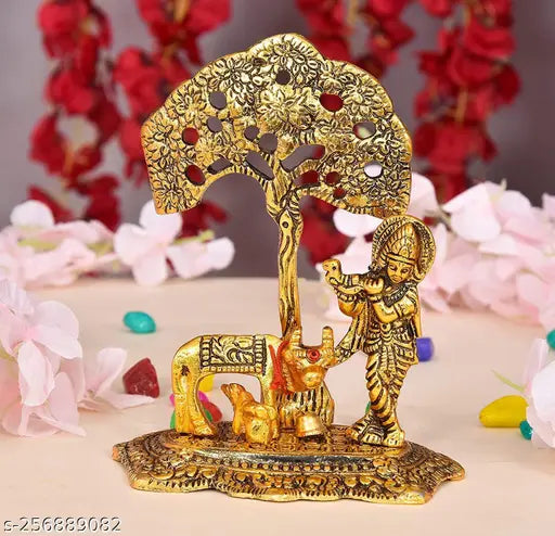 Metal Krishna playing flute with cow under tree decorative showpiece (17 cm gold) - Traditional Indian god idol for home, temple, office, and gifting, symbolizing luck, love, happiness, and prosperity