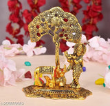 Metal Krishna playing flute with cow under tree decorative showpiece (17 cm gold) - Traditional Indian god idol for home, temple, office, and gifting, symbolizing luck, love, happiness, and prosperity