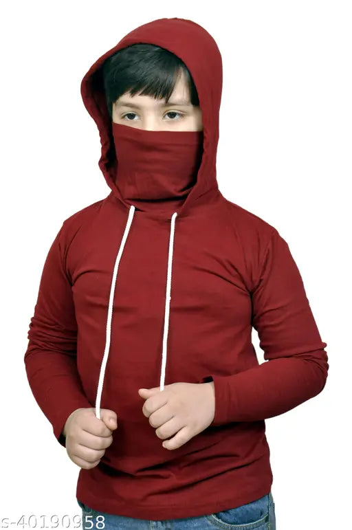 Boys Cotton Blend Maroon Color Hood T-shirt With Mask