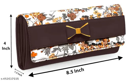 Women's floral patterned clutch wallet, small size, brown strap
