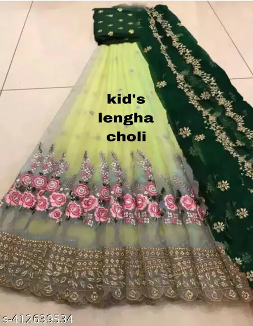 Heavy embroidered semi-stitch net lengha choli in super net fabric, suitable for kids aged 8-13 years (size 34 waist, 38 inch length), Indian origin