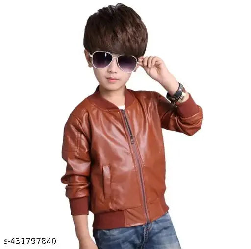 Brown leather biker jacket, varsity style, fur lining for kids
