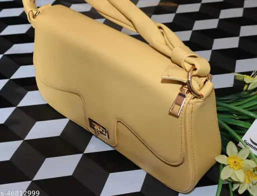 Handbag, light yellow, faux leather, two shoulder straps, large size