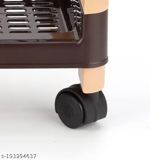 Three-tiered storage rack with wheels, in brown and ivory colors, suitable for kitchens and offices