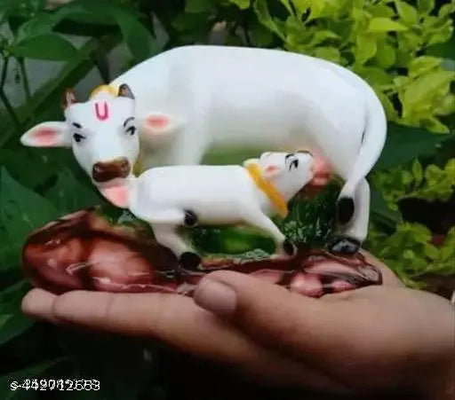 White poly resin Kamdhenu cow with calf idol for temple, home decor or car dashboard, Indian-made spiritual home showpiece