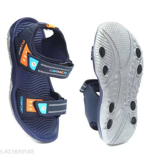 Blue, red, and black sandals for kids aged 5-12 years, with secure Velcro closure and cushioned soles