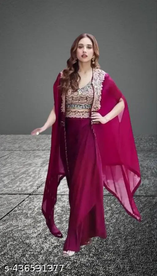 Purple Georgette Gown, elegant Indian Lahenga with Duppatta (Sharg Style), ready-pleated for party wear, suitable for all generations