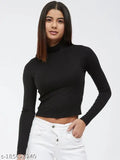 Black cotton blend high neck women's t-shirt, solid design with long sleeves, S-XXXL sizes available
