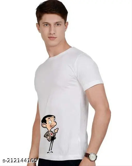 Man wearing white T-shirt with cartoon character