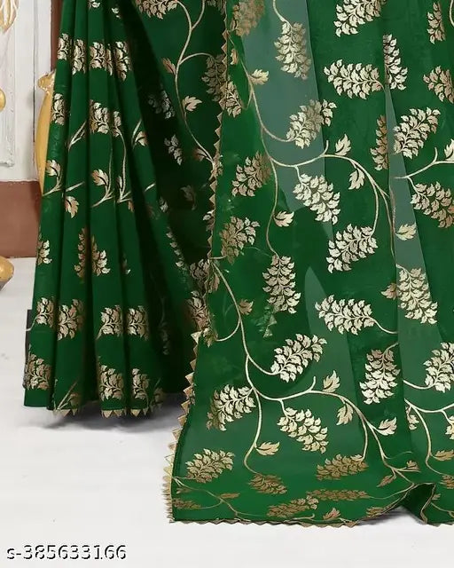 Green saree with gold foil print, traditional design
