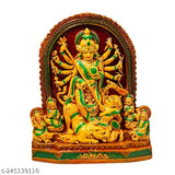 Rainbow feathers terracotta handpainted Maa Durga idol, traditional Indian god figure for Durga Puja celebration, 19cm tall and 21cm wide