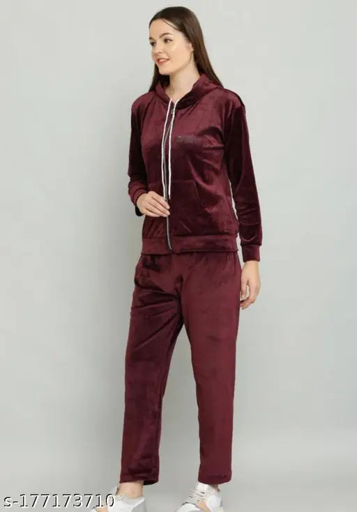 Wine velvet Zara tracksuit set with long sleeves, featuring top and bottom pieces for men or women (India-made)