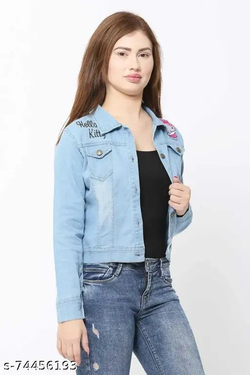 Indian denim jacket, solid pattern, long sleeves, Hello Kitty design for women