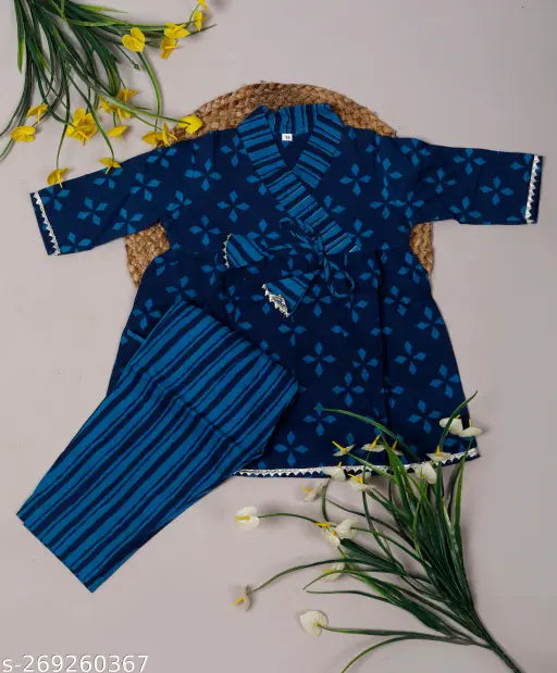 Pure cotton printed palazzo set for kids girl, Sanganeri design, three-quarter sleeves, above knee length. Indian ethnic wear for babies and toddlers