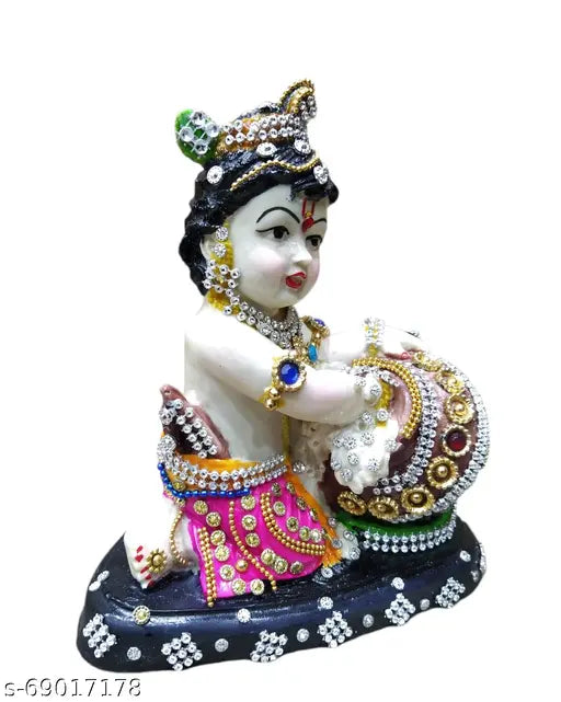 Multicolor Resin Bal Gopal Krishna Makhan Chor Statue Murti, 6-inch tall pooja room decoration