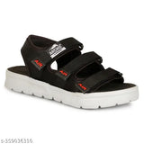 Black strappy flip flops with red logo, casual style for boys