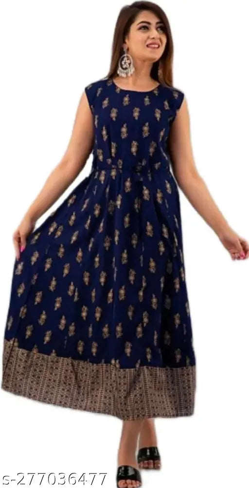 Blue rayon three-quarter sleeve printed combo dress, 'Blue Jacklin gawan' for Indian partywear, evening or college events
