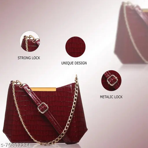 This is an image of a red shoulder sling bag with a chain strap