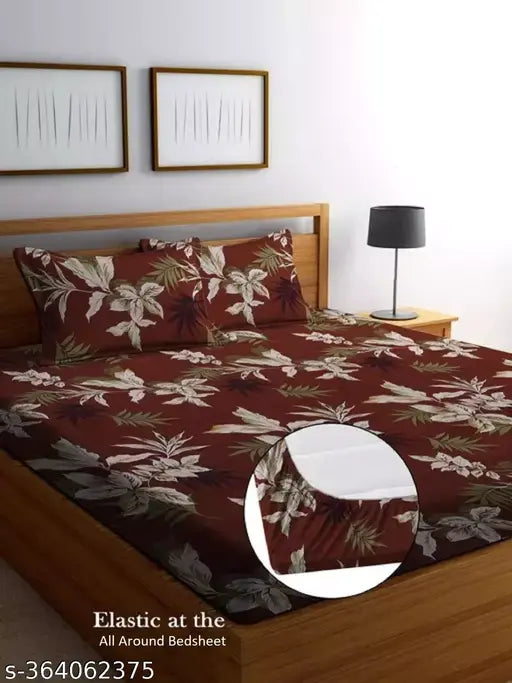 Elastic-fitted cotton portico bedsheets with 2 pillow covers, botanical print, superfine quality - ideal for adult summer use