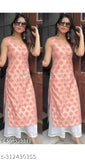 Peach-colored Rayon sleeveless Saavi kurti and palazzos with printed net pattern, 100% rayon fabric, India origin