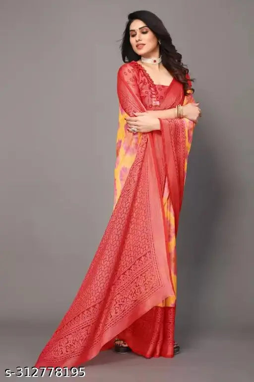 Festival Special Chiffon Brasso Saree with Printed Unstitched Blouse, Indian-made premium quality chiffon saree for festive occasions