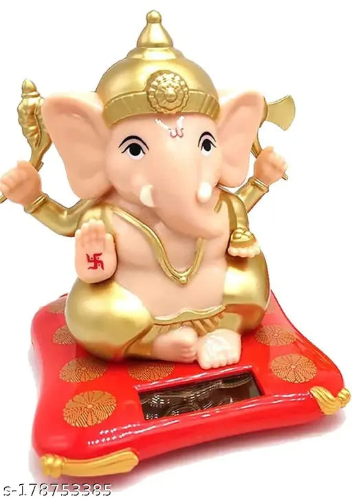 White and red plastic solar-powered Ganesha statue for car dashboard and office decor, ideal for growth, success, and spiritual gifting. Dimensions: Height 12cm, Length 9cm, Width 9cm, Weight 89gm