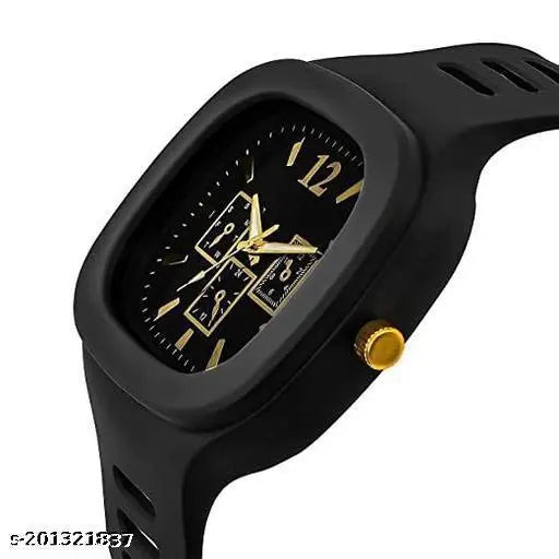 Black and gold analog watch with a sports classic design, silicone band, multi square face, date function. Ideal for fashion-conscious boys