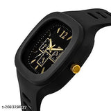 Black and gold analog watch with a sports classic design, silicone band, multi square face, date function. Ideal for fashion-conscious boys