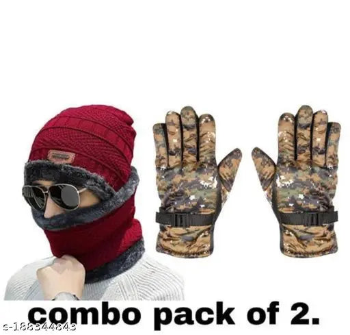 Woolen winter cap set with gloves & neck muffler for men and women, stretchable knit beanie hat and scarf in fur net pattern. Hand wash only." (107 characters)