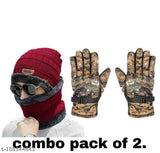Woolen winter cap set with gloves & neck muffler for men and women, stretchable knit beanie hat and scarf in fur net pattern. Hand wash only." (107 characters)