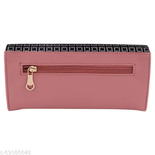 Peach faux leather clutch wallet with 4 card pockets, zip closure