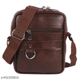 Brown leather sling bag with side strap, 1 main pocket and smaller front pockets