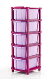Multi-functional storage unit with pink plastic bins, 6 compartments