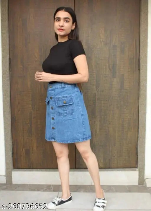 Blue denim fancy skirt for women, solid pattern, trendy western style, India origin