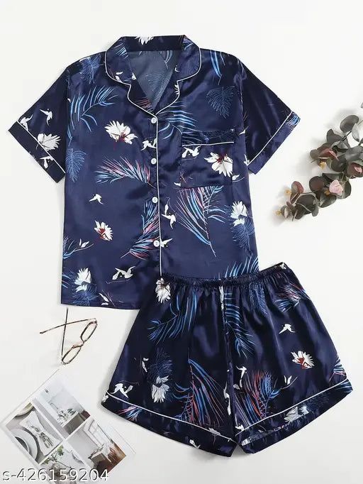 Stretchable silk blend printed collared night suit coord set (shirt shorts) for summer, winter monsoon. Trending women's sleepwear in S, M, L, XL, XXL - Made in India