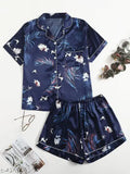 Stretchable silk blend printed collared night suit coord set (shirt shorts) for summer, winter monsoon. Trending women's sleepwear in S, M, L, XL, XXL - Made in India