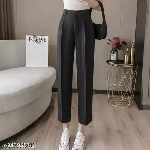 Black cotton straight leg trousers for women