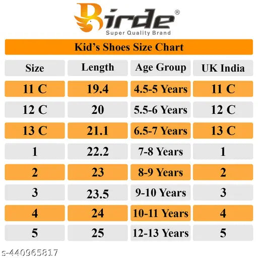 Black and red Birde LED light shoes for kids, size chart including 12 C (children's size), 19 D (womens size), 20 E (mens size)