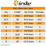 Black and red Birde LED light shoes for kids, size chart including 12 C (children's size), 19 D (womens size), 20 E (mens size)