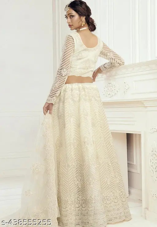 Peach-embroidered Alisha Petite women's net Lehenga, Choli, and Dupatta set - Indian traditional wear for festive occasions