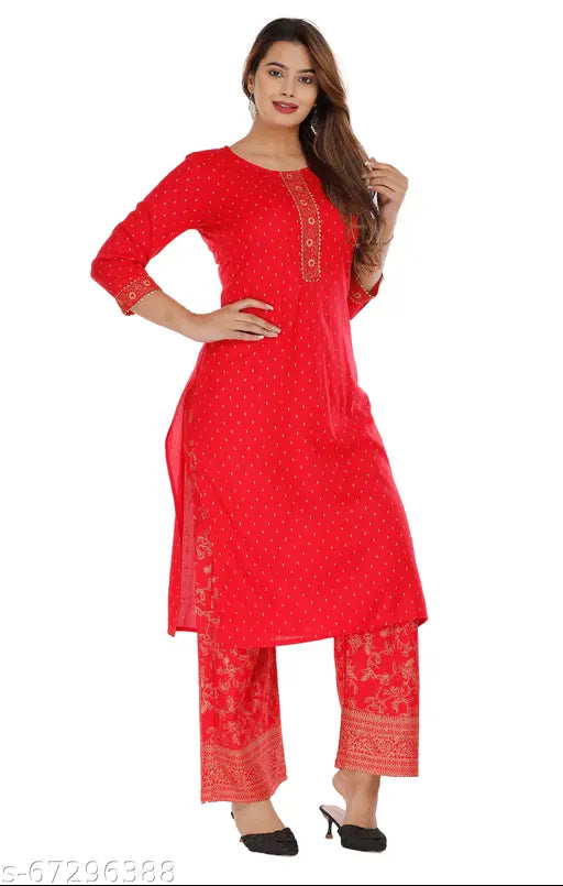Rayon printed kurta with palazzo, three-quarter sleeves, gold print and lace detailing - Indian ethnic wear