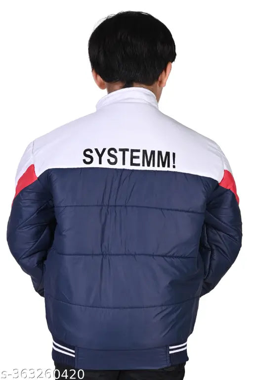 A modern, elegant boys jacket in navy blue with a zip closure
